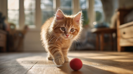 An orange kitten approaches a vibrant red ball on a wooden floor illuminated by sunlightの素材