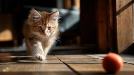 An orange kitten is happily chasing a small ball across a sunlit wooden floor in a homeの素材