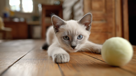 A curious kitten stretches towards a yellow ball, ready to play on a warm wooden floorの素材