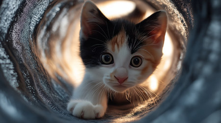 A playful kitten crawls through a fabric tunnel, showcasing its curiosity and vibrant personalityの素材
