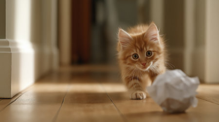 A playful ginger kitten is stalking a crumpled paper ball in a well-lit hallwayの素材