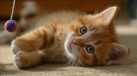 An orange tabby kitten plays with a small colorful ball in a sunny roomの素材