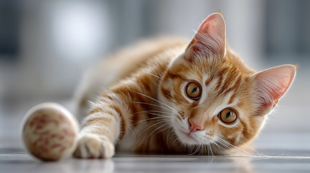 A ginger cat is playfully reaching for a spotted ball on a smooth floor in sunlightの素材