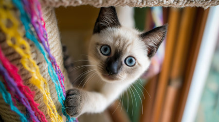 A curious Siamese kitten investigates a colorful scratching post with bright ropesの素材