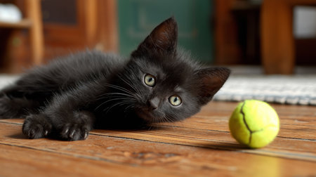A cute black kitten lounges on a wooden floor, curiously gazing at a green tennis ball nearbyの素材