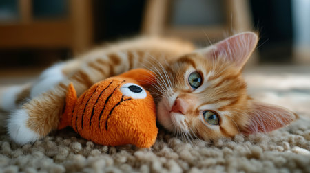 A fluffy orange kitten rests closely with an orange fish toy in a warm and inviting living spaceの素材