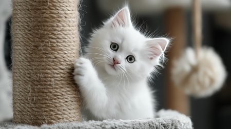 This playful white kitten curiously explores a scratching post in a warm indoor settingの素材