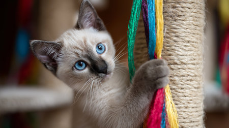 A curious kitten with blue eyes climbs a scratching post adorned with vibrant ropesの素材