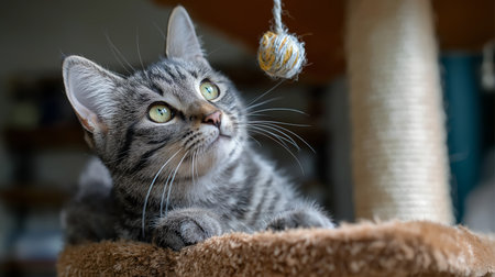 A playful gray tabby cat focuses intently on a dangling toy above, showcasing its curiosityの素材