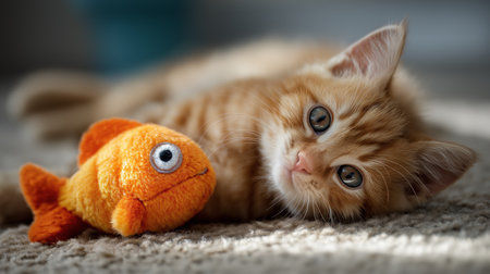 An orange kitten relaxes beside a toy fish, basking in cozy sunlight indoorsの素材