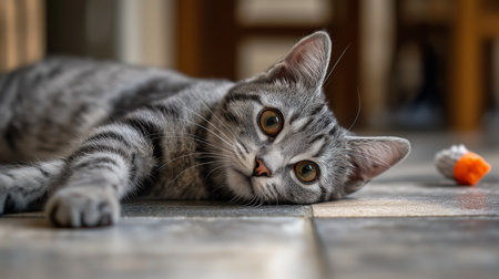 A gray striped cat lounges comfortably on a tiled floor in a cozy room, playing with a toyの素材