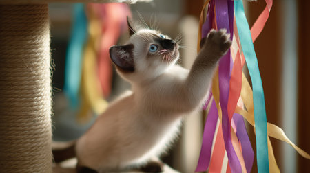 A curious Siamese kitten reaches for colorful ribbons on a scratching post in a sunny roomの素材