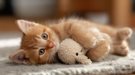 A playful orange kitten rolls on a rug, cuddling a small stuffed toy, exuding joy and cutenessの素材