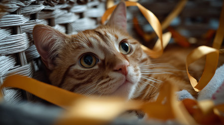 Ginger cat relaxes in a woven basket filled with bright ribbons, enjoying a peaceful momentの素材