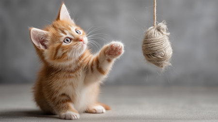 A young orange kitten curiously paws at a small hanging toy, showcasing its playful natureの素材