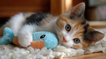 A calico kitten lies on a soft rug, playfully hugging a bright fish toy while relaxing indoorsの素材