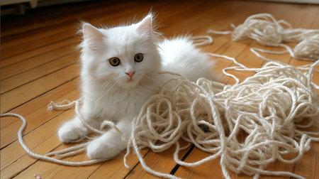 A fluffy white cat sits among a tangle of rope on a warm wooden floor, exploring its surroundingsの素材