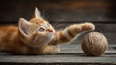 A curious orange kitten stretches its paw towards a ball of yarn, eager to playの素材