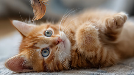 A ginger kitten lies on a soft surface, curiously playing with a feather dangling aboveの素材