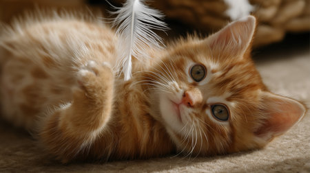 An orange kitten playfully rolls on a soft surface with a nearby feather toyの素材