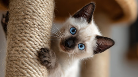 A playful kitten with blue eyes explores a scratching post, showing its charmの素材