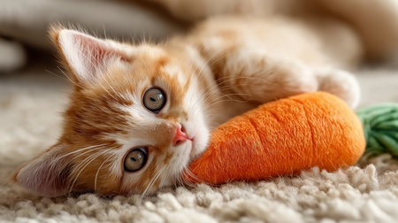 A curious orange kitten enjoys lounging with a soft carrot toy on a fuzzy rug inside the houseの素材