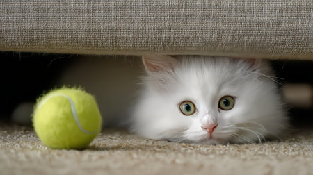 A playful white cat observes a bright yellow tennis ball from its hidden spot under a couchの素材