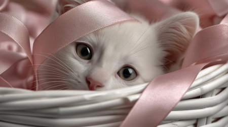 A curious white kitten is nestled in a basket of pink ribbons, showing off its charming eyesの素材