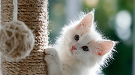 A fluffy white kitten explores a scratching post, illuminated by soft morning lightの素材