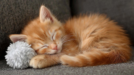 A small orange kitten is curled up asleep on a gray couch, resting next to a soft ball of yarnの素材