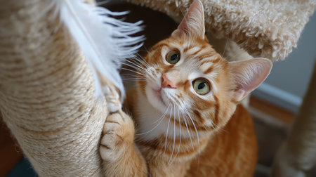 Cat curiously inspects scratching post while sitting in comfortable indoor environmentの素材