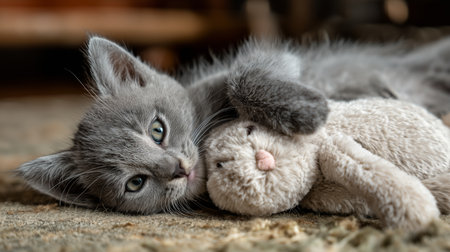 A playful gray kitten is lying on a rug, gently snuggling against a soft toy bunnyの素材