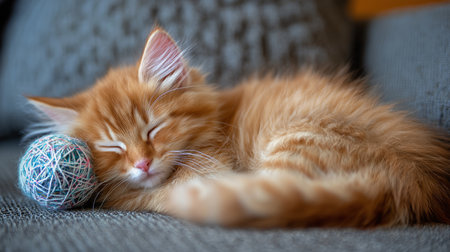 A ginger cat curls up and sleeps soundly next to a soft ball of yarn on a comfortable couchの素材