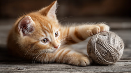 A curious orange kitten paws at a gray ball of yarn on a wooden floor, enjoying its playful timeの素材