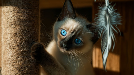 Playful Siamese kitten explores its surroundings while engaging with a feather toy in the sunの素材