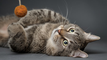 A playful tabby cat lies on its side, curiously pawing at a soft, colorful ball hanging nearbyの素材