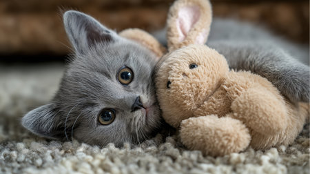 Playful gray kitten enjoys snuggling with a plush bunny toy on a soft rug indoorsの素材