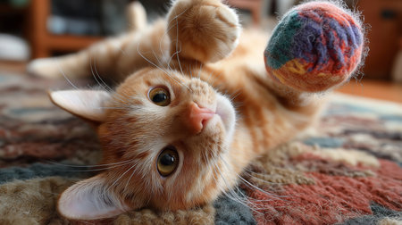 A ginger cat rolls on a rug, happily batting a colorful yarn ball with its pawsの素材