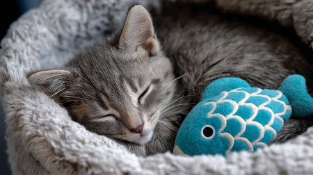 A gray cat snoozes contently in its soft bed, cuddling a plush fish toy during the afternoonの素材