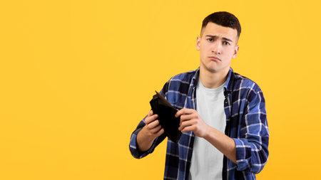 Bankruptcy concept. Upset young man showing empty wallet, suffering from loss of money on orange...