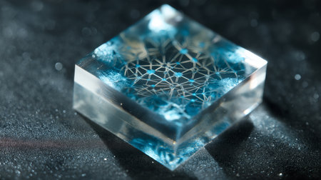 A clear crystal block displays a mesmerizing blue pattern, casting reflections on a dark backgroundの素材