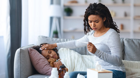 Worried mother checking her daughter body temperatureの写真素材