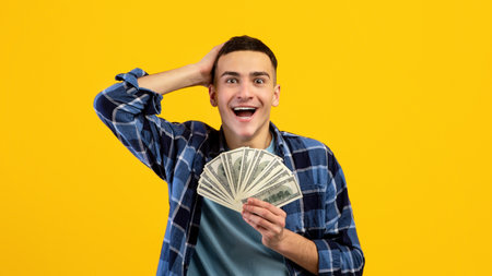Excited young man enjoying big jackpot, holding lots of money, cannot believe his luck on orange studio backgroundの写真素材