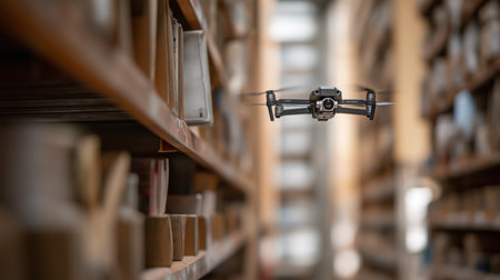 A drone weaves through tall library shelves, capturing the vast collection insideの素材