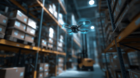 A drone flies effortlessly in a vast warehouse, surrounded by neatly arranged boxes and a forkliftの素材