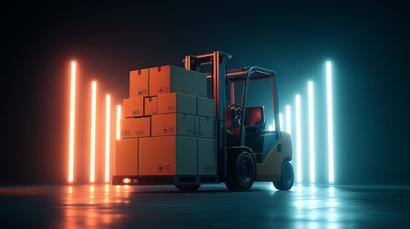 A forklift is moving stacked boxes in a warehouse illuminated by vibrant lightsの素材