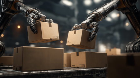 Advanced robotic technology sorts packages quickly in a busy warehouse environmentの素材
