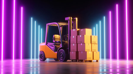 A forklift is transporting stacked boxes through a brightly lit area with colorful neon lightsの素材