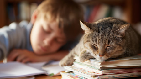 A young boy focuses on his studies as his cat naps on a pile of notebooks nearbyの素材