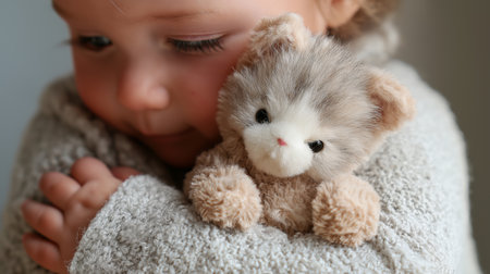 Young child lovingly embraces a plush toy in a warm and inviting home settingの素材